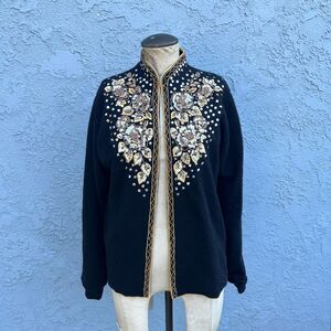 Vintage 60s Beaded Angora Sweater Black Sequin Evening Cardigan